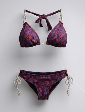 Arizona Jean Company Navy Blue & Red Floral Rope-Trim Bikini